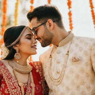 romantic-indian-wedding-couple-in-traditional-attire-with-floral-backdrop-photo